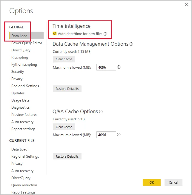 Caixa de Opções do Power BI Desktop com a seção Inteligência de tempo e a opção Auto date/time destacadas