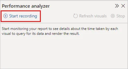 Painel Analisador de Desempenho do Power BI com o botão Iniciar gravação em destaque