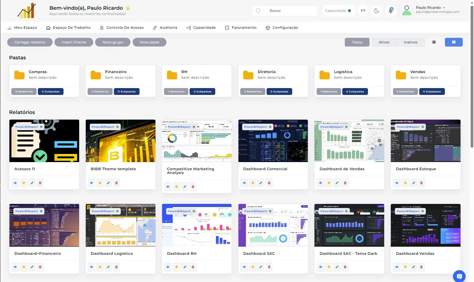 Portal BI Embedded exibindo a biblioteca de relatórios e o menu de gestão de capacidade